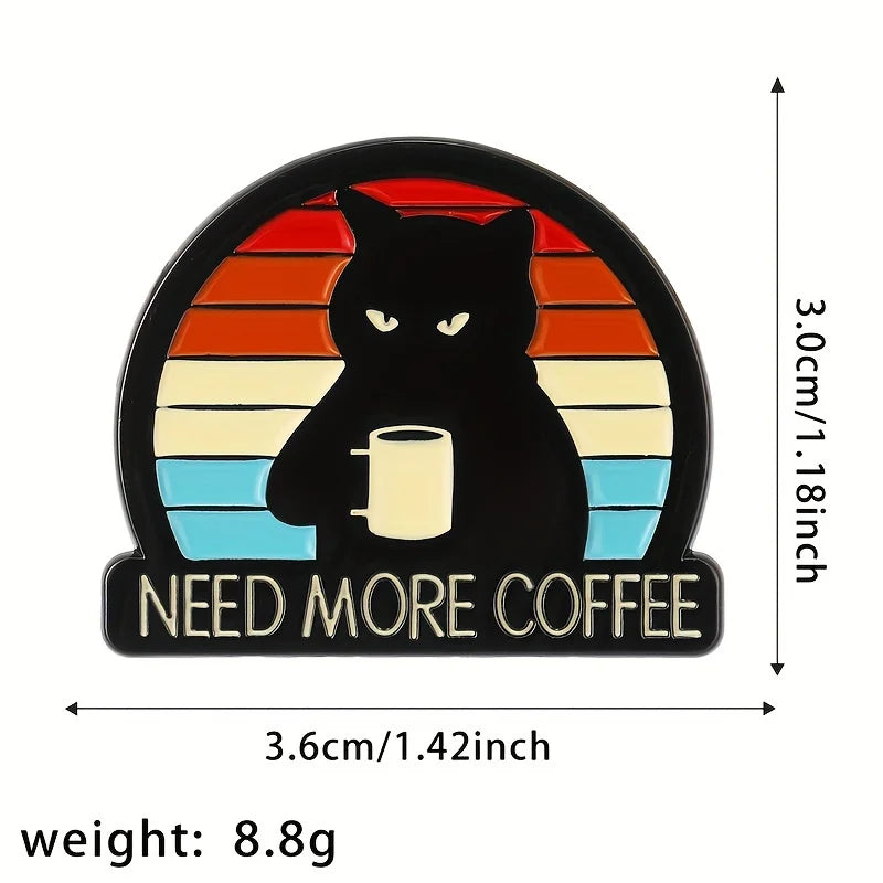 Dimension chart of Need More Coffee cat brooches—3.6 cm wide, 3.0 cm tall, 8.8 g weight for size reference.