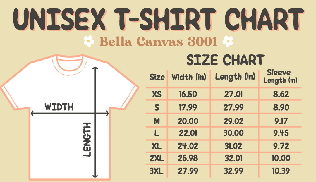 Bella Canvas 3001 size chart for mom shirts showing width, length, and sleeve measurements from XS to 3XL.