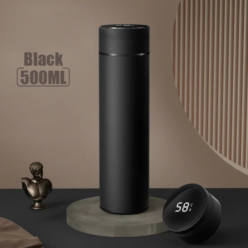 Black 500ml thermos smart water bottle with digital temperature display on lid, showing 58°C, sleek matte finish and smart touch-activated screen.