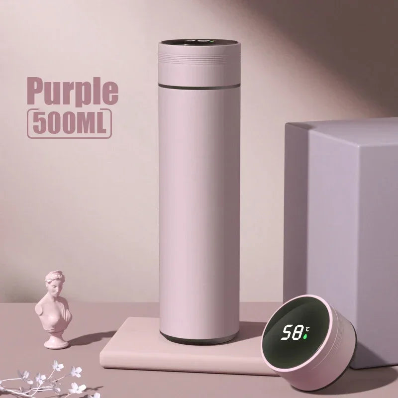 Purple 500ml thermos smart water bottle with digital temperature display showing 58°C, featuring a touch-activated lid and sleek insulated design.
