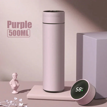 Purple 500ml thermos smart water bottle with digital temperature display showing 58°C, featuring a touch-activated lid and sleek insulated design.