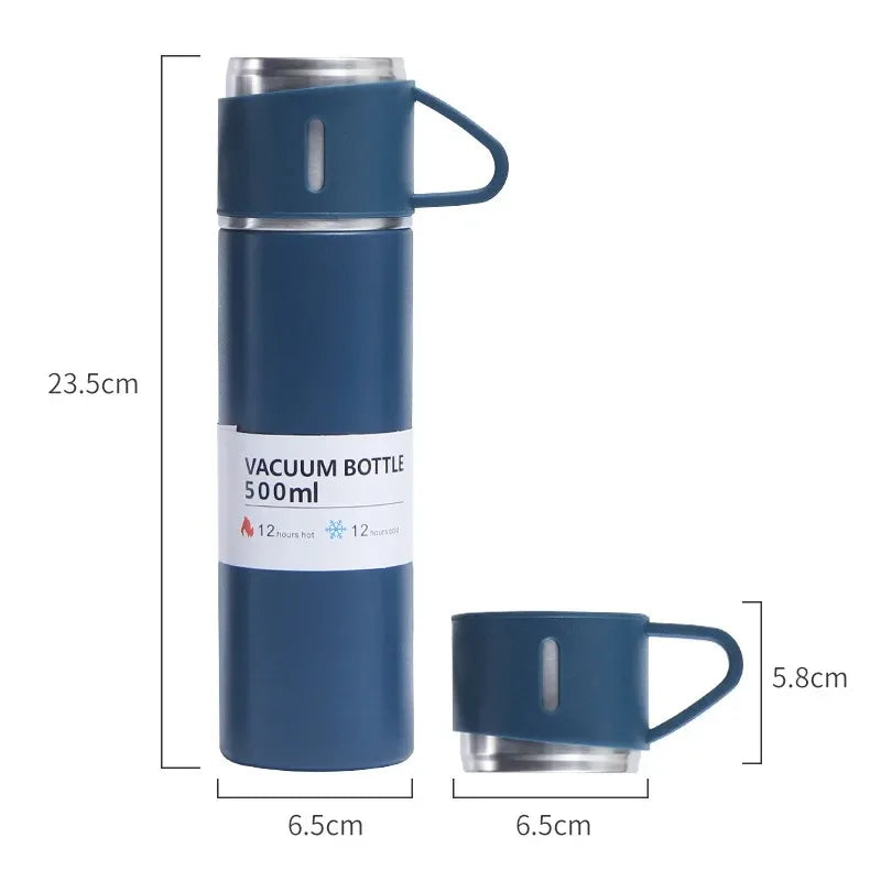 Blue 500 ml tumbler cups travel mug with handled cup removed; dimension chart for car holder and backpack fit.