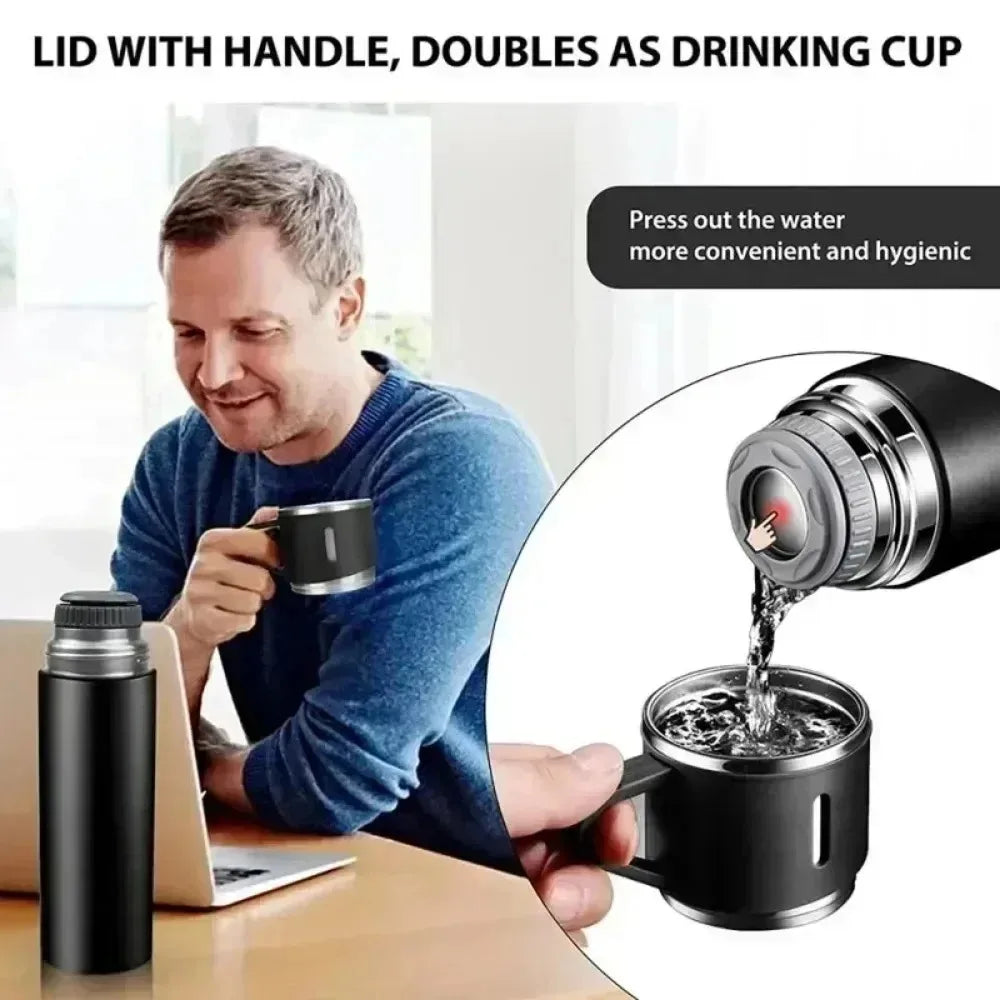 Man sipping from lid‑cup on tumbler cups travel coffee mugs; close‑up shows leak‑proof thermos cup pouring hot water.