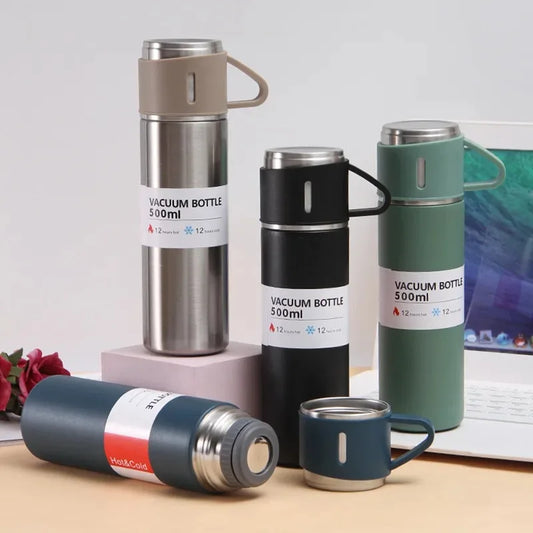 Set of 500 ml stainless‑steel tumbler cups travel mug bottles in green, black, silver and blue—versatile coffee thermos camping mugs.