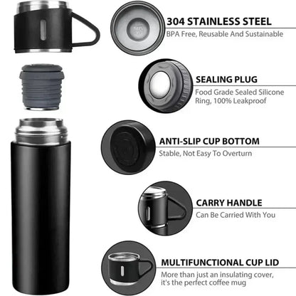 Exploded diagram of stainless‑steel tumbler cups highlighting sealing plug, anti‑slip base, carry handle and multifunction lid.