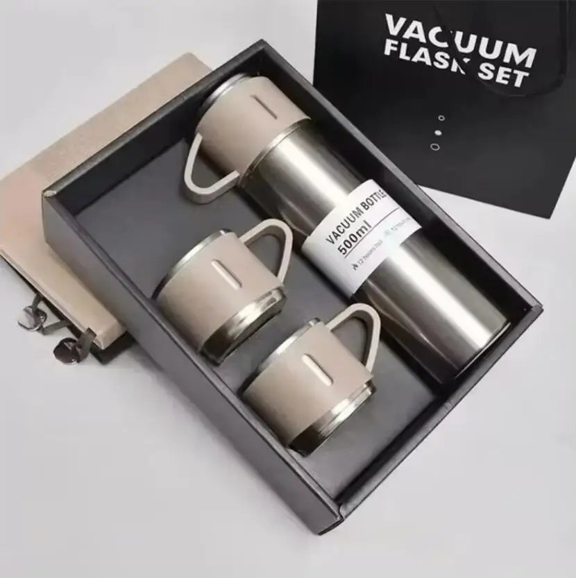 Premium silver stainless‑steel tumbler cups coffee thermos gift set with khaki camping mugs—ideal for road trips.